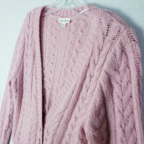 FOR LOVE & LEMONS Billie Long-Sleeve Cardigan Cable Knit Pink size L Coquette - Picture 14 of 16